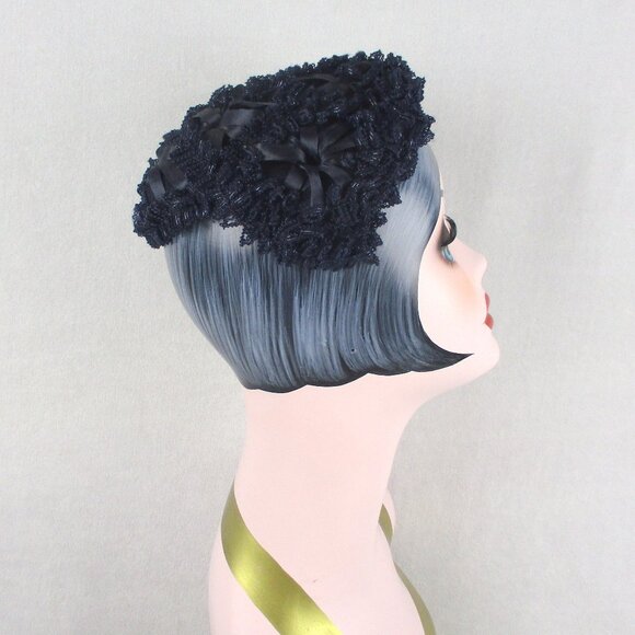 Blue Cocktail Hat Vintage 1960s Rafia Flower Juliet Cap Half Calot - Picture 4 of 6